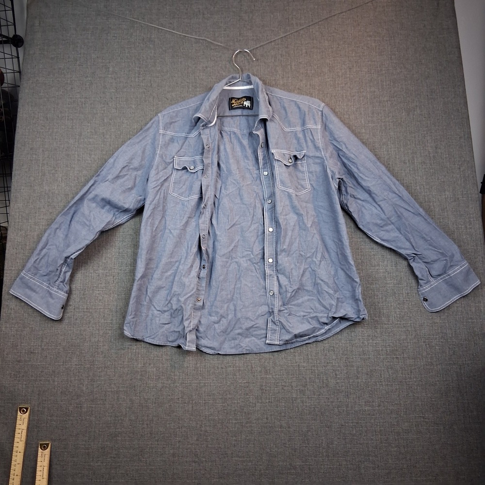 Dukes Bark American Sportswear Blue Chambray Western Pearl Snap Shirt Mens L